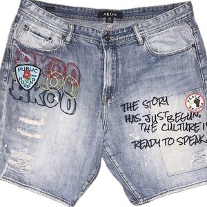 AKOO Men’s 38 Denim Shorts Embroidered‎ Patchwork Distressed Graphic Streetwear